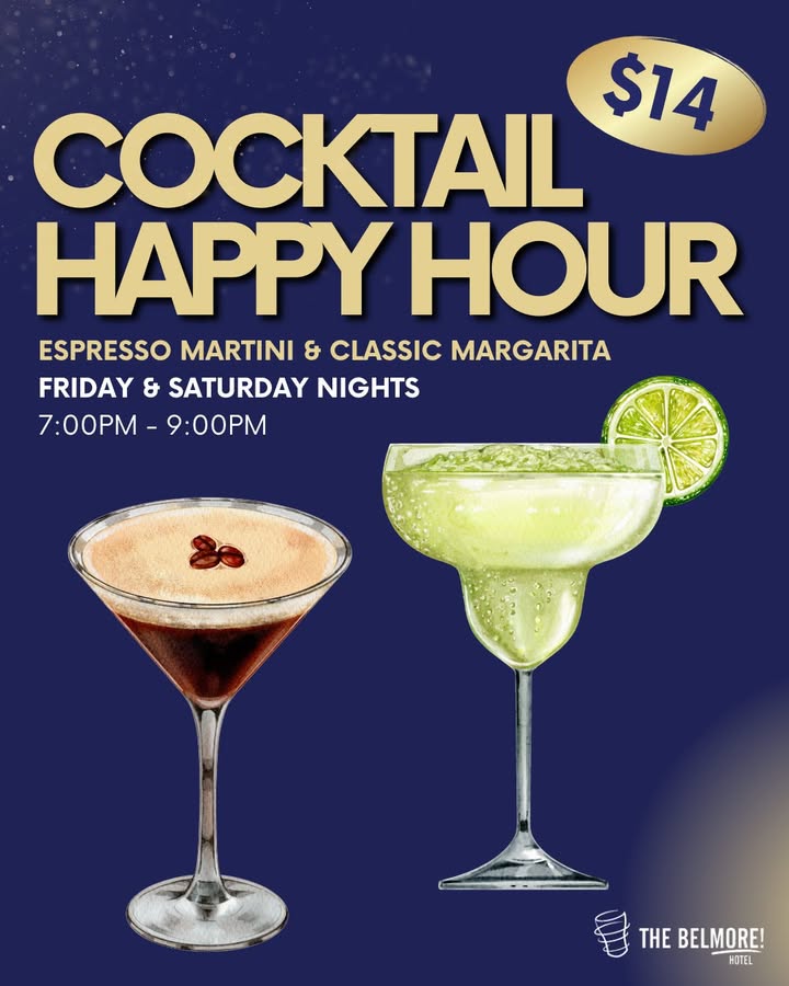 Featured image for “Cocktail Happy Hour Specials: Live Music & $14 Drinks at Belmore Hotel”