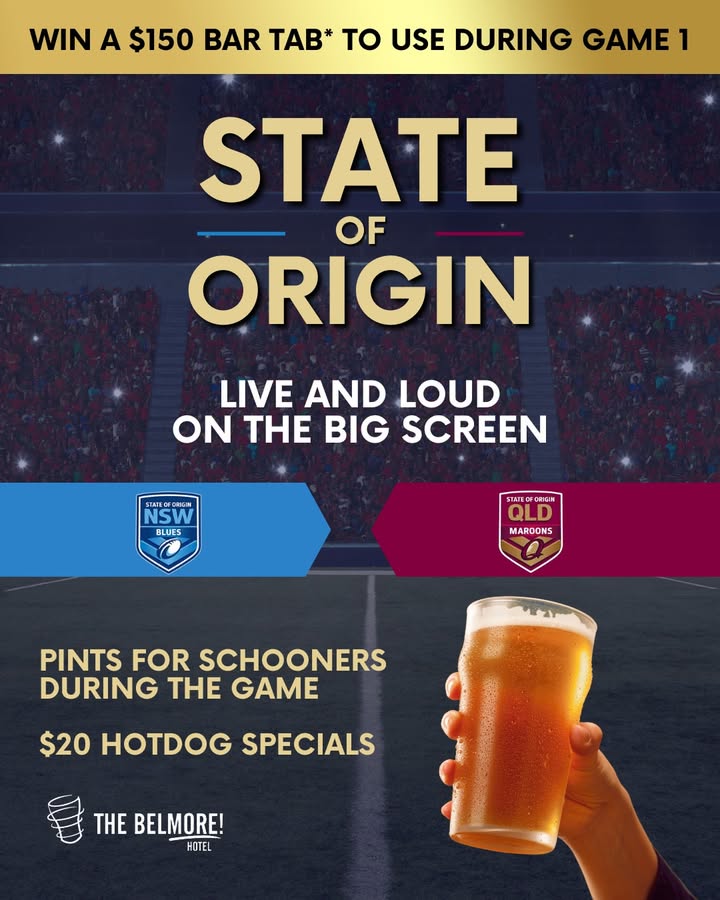 Featured image for “State Of Origin Game 1: Live at Belmore Hotel with $20 Hotdog Specials & $150 Bar Tab Giveaway”